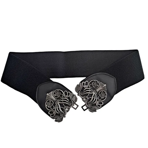 Black floral buckle corset boho elastic wide waist goth party dress belt - Picture 4 of 16